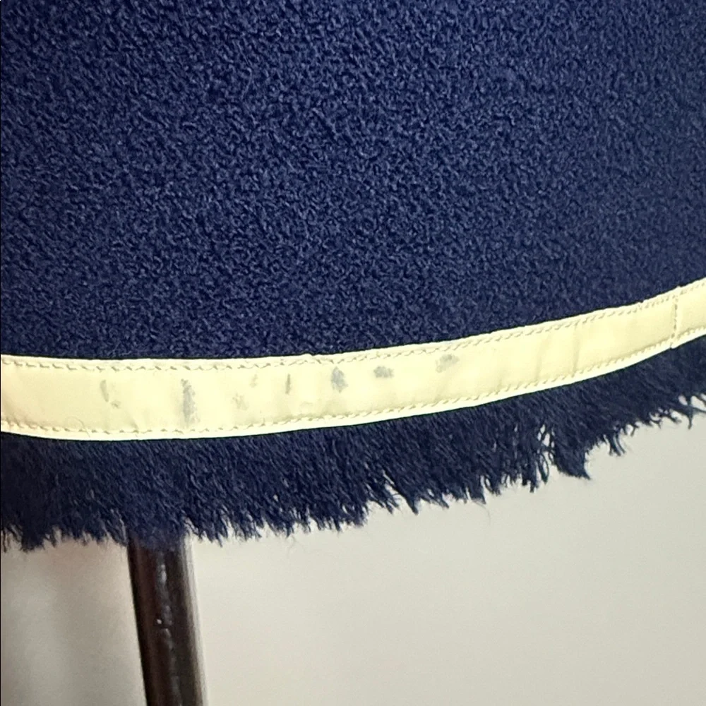 Vintage CHANEL Navy Tweed Fringed Jacket with Cream Vinyl Trim SZ40